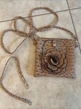 Ostrich Flower Wristlet Crossbody Purse Bag Tan 3D Flower 7”x7”